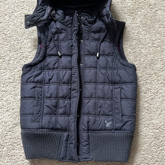 Navy bluish-gray puffer vest with detachable hood - Picture 3 of 7